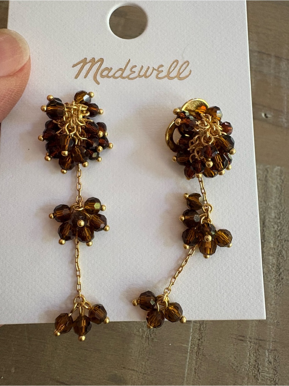 Madewell Dark Amber Beaded Drop Earrings - Gold Tone (missing a back) - Picture 2 of 4